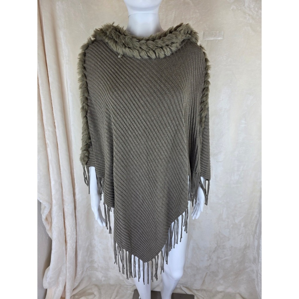 Chico's Faux Fur Removable ‎ Trim Knit Poncho Wrap Fringe Taupe Brown OS
